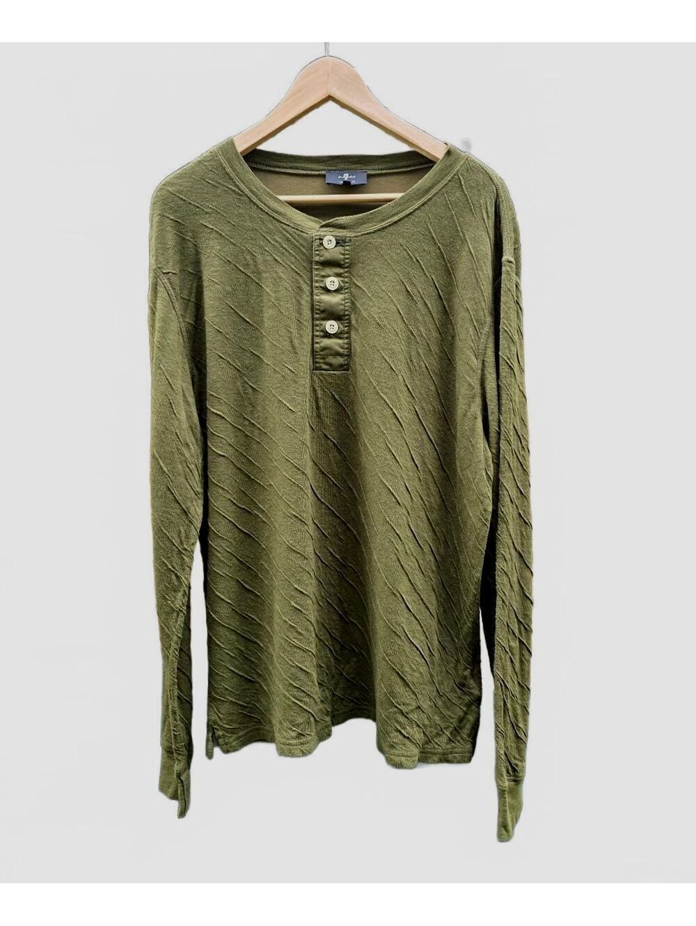 7 for all Mankind Mens Long Sleeve Waffle Knit Henley Shirt  Olive Green Med